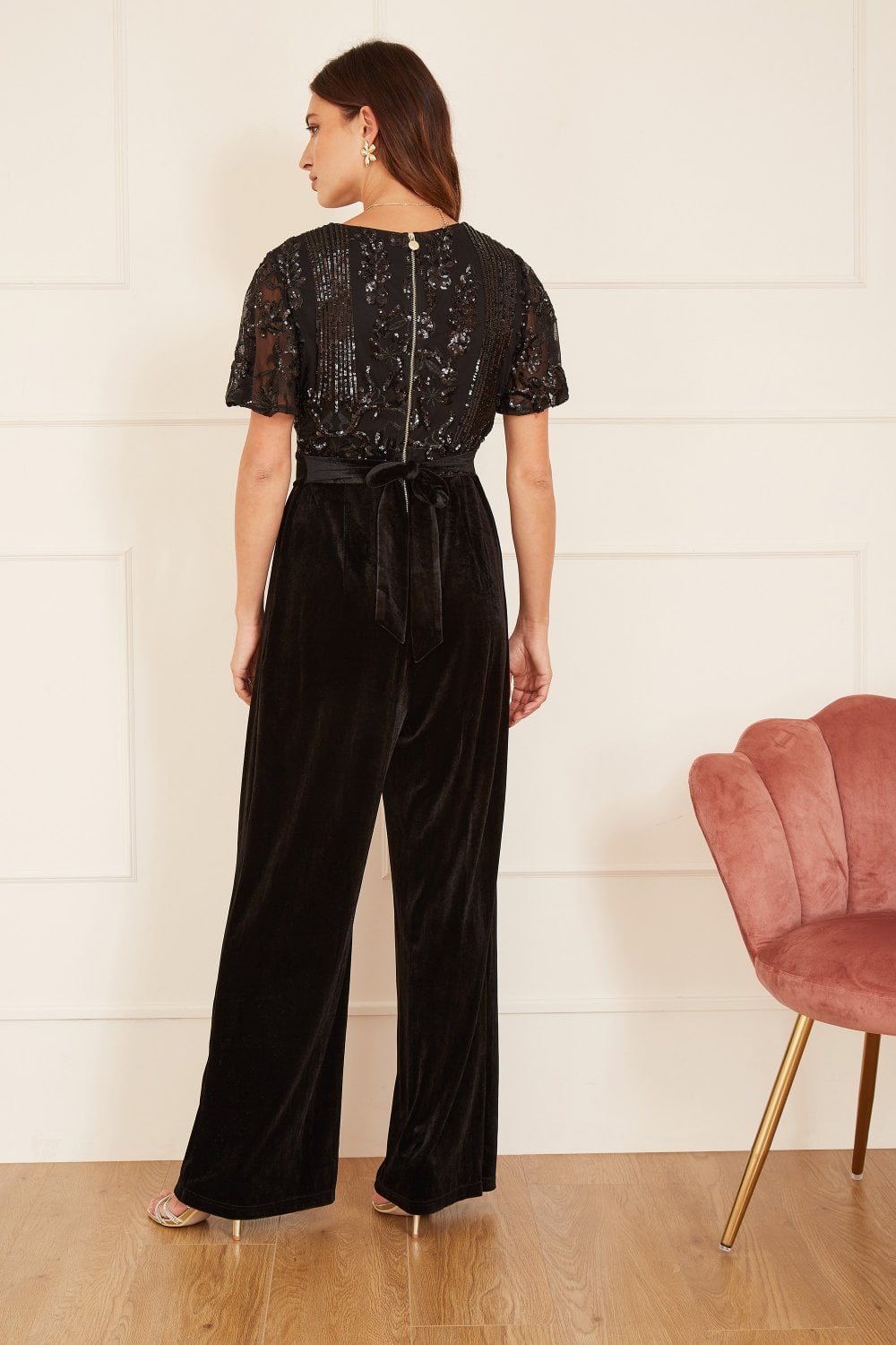Black Angel Sleeve Sequin Embellished Velvet Jumpsuit - Sizes 8 to 16