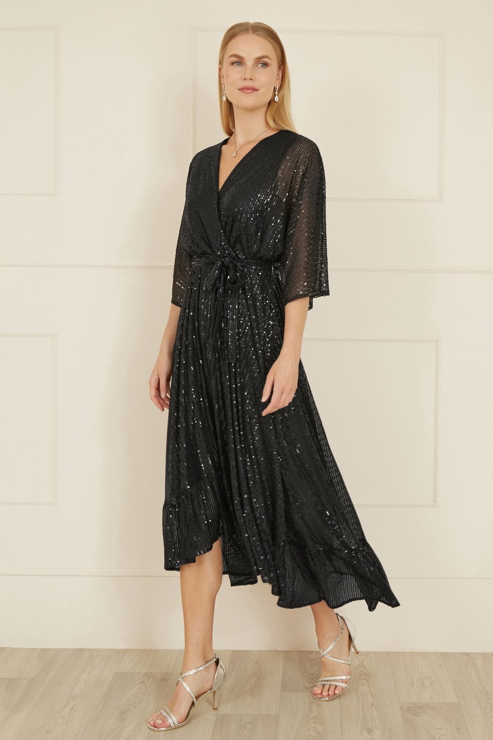 Black Sequin Kimono Midi Wrap Dress - Sizes 8 to 20