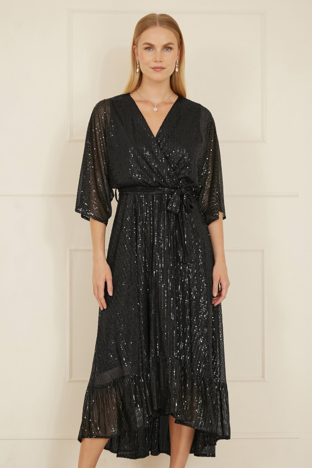 Black Sequin Kimono Midi Wrap Dress - Sizes 8 to 20