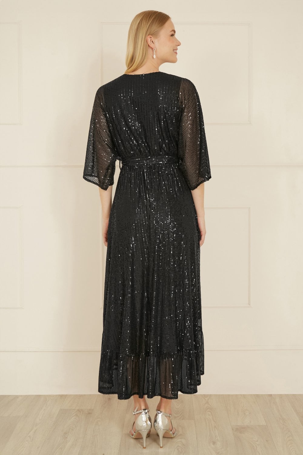 Black Sequin Kimono Midi Wrap Dress - Sizes 8 to 20