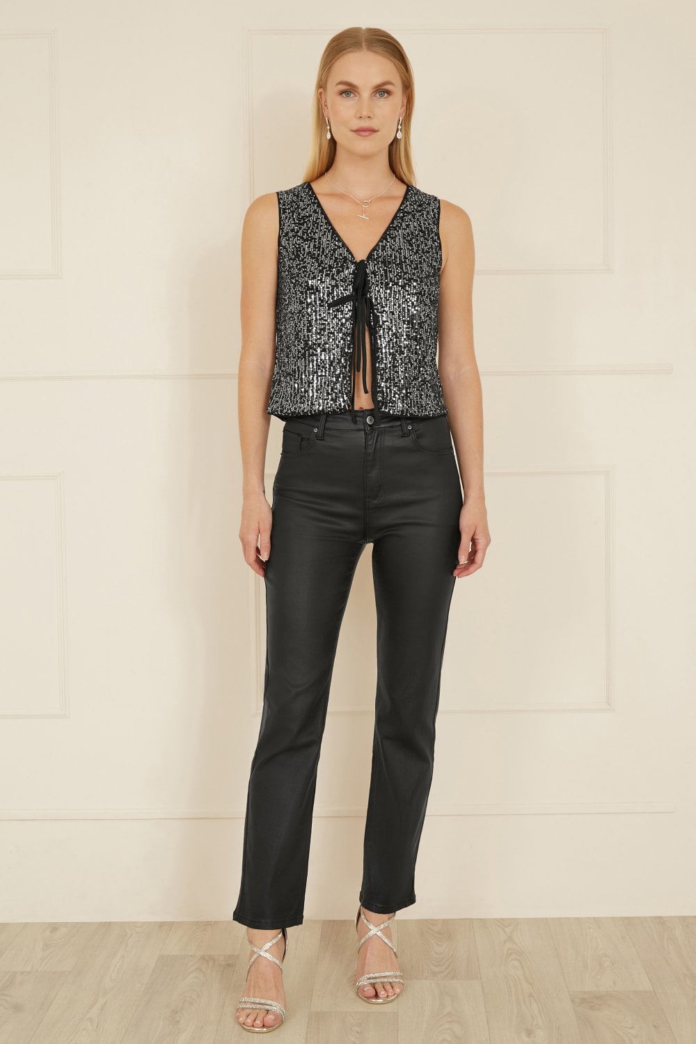 Black Sequin Tie Front Waistcoat - Sizes 8 to 16