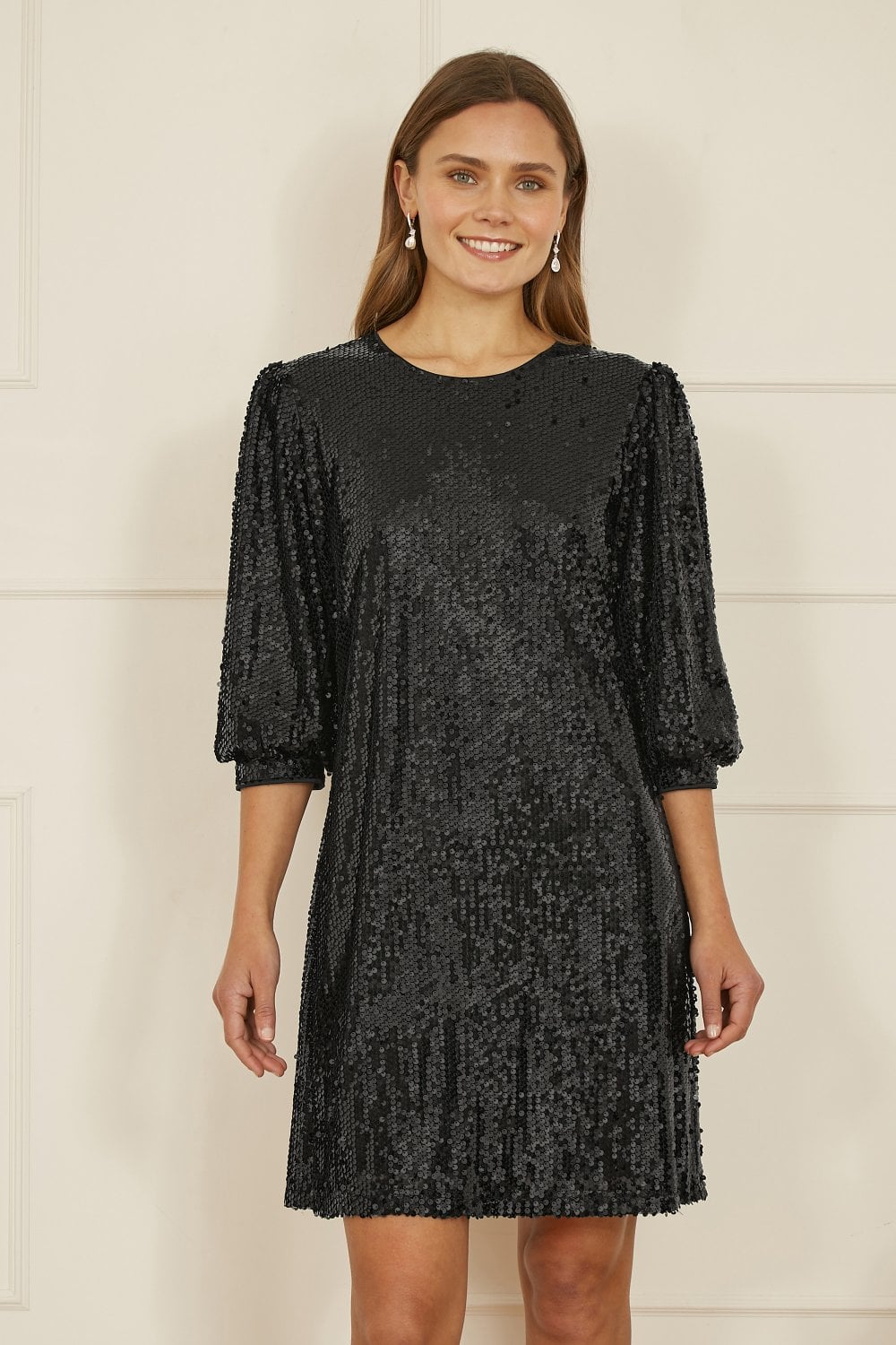 Black Sequin Tunic Dress With Balloon Sleeves - Sizes 8 to 16