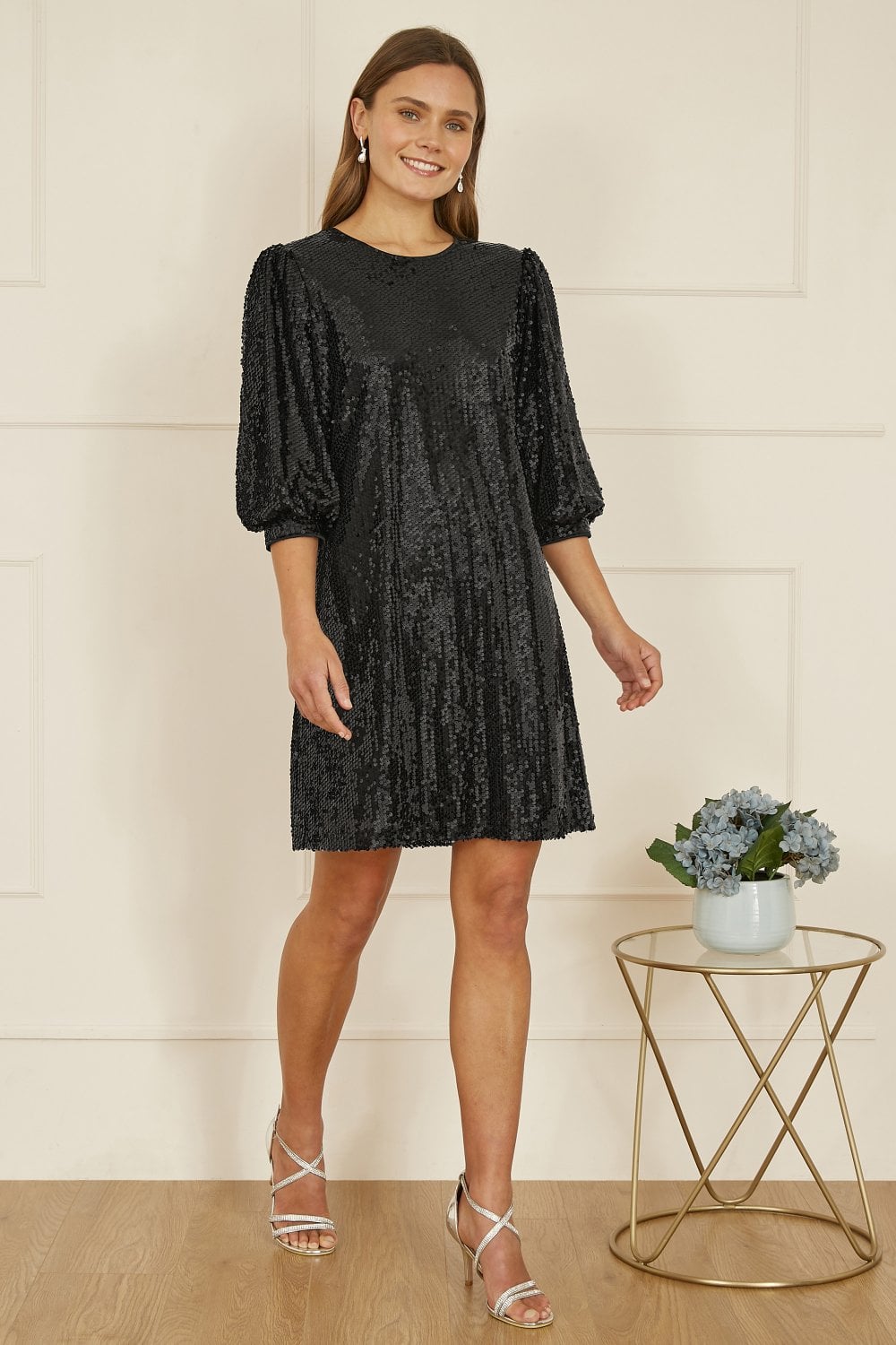 Black Sequin Tunic Dress With Balloon Sleeves - Sizes 8 to 16