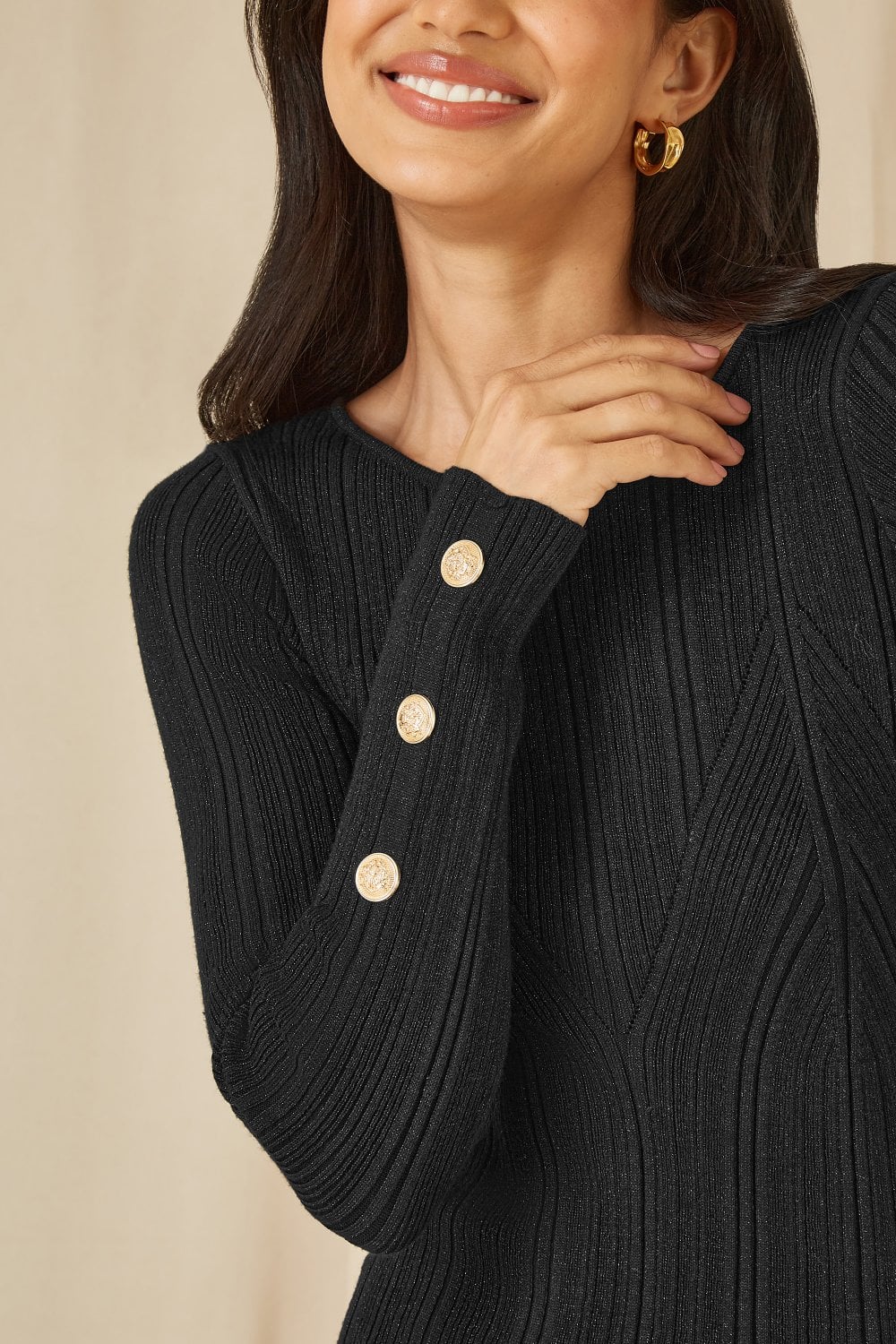 Black Knit Shimmer Fitted Midi Dress With Button