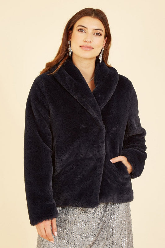 Black Short Wrap Faux Fur Coat - Sizes 8 to 26
