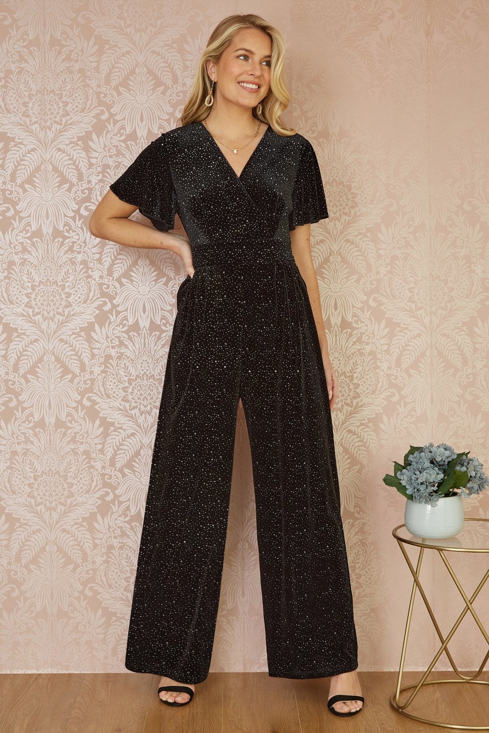 Black Sparkle Angel Sleeve Velvet Jumpsuit - Sizes 8 to 26