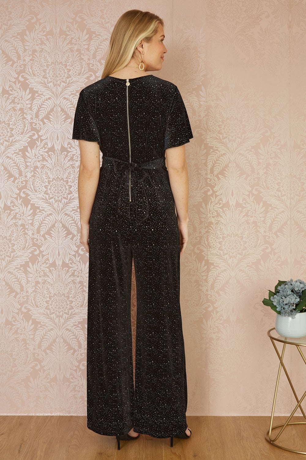 Black Sparkle Angel Sleeve Velvet Jumpsuit - Sizes 8 to 26