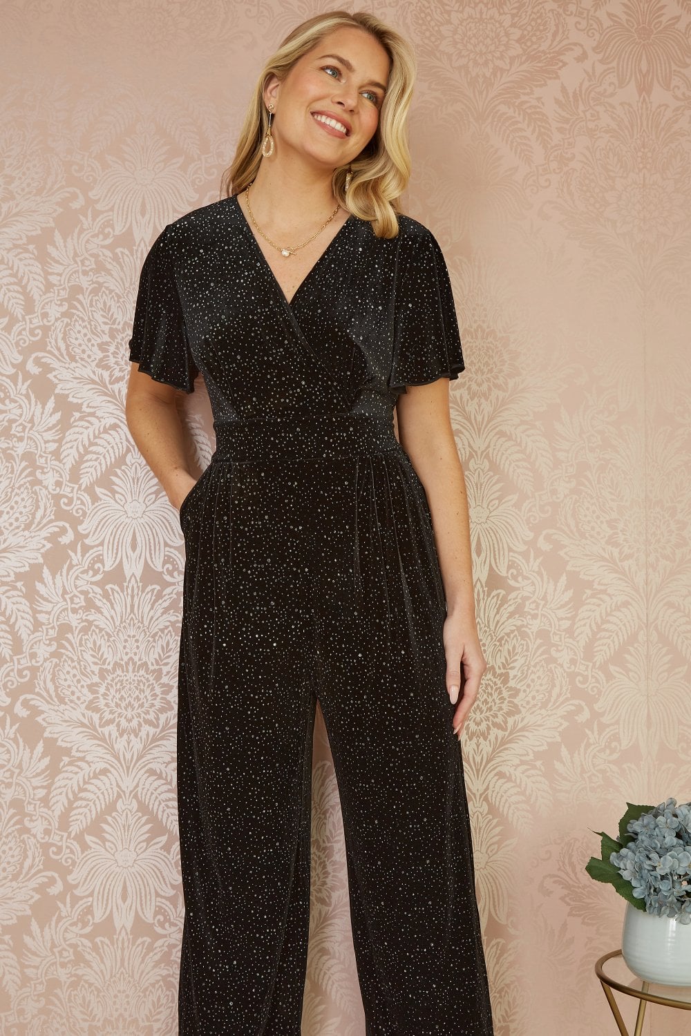 Black Sparkle Angel Sleeve Velvet Jumpsuit - Sizes 8 to 26