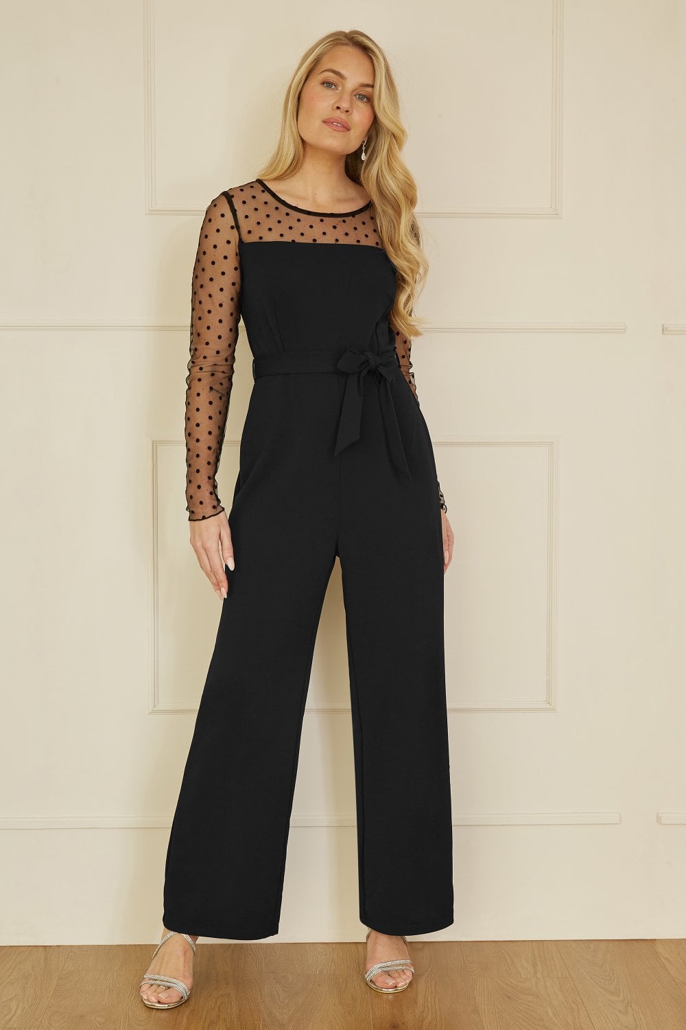 Black Spot Mesh Stretch Jumpsuit - Sizes 6 to 16