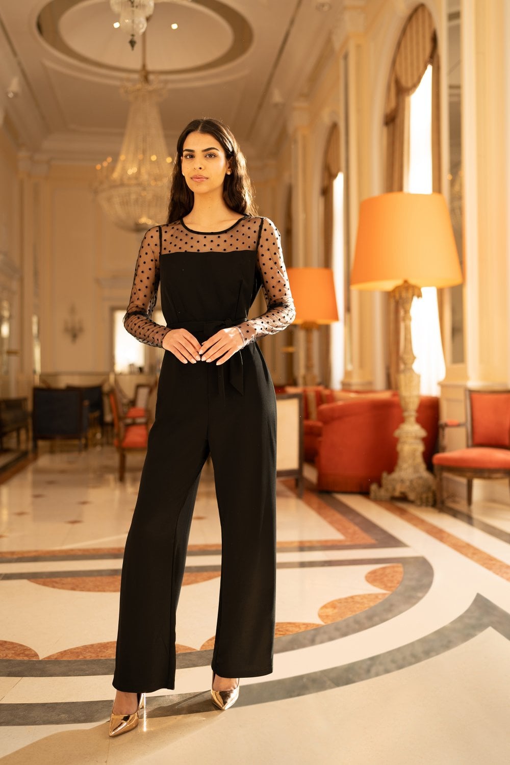 Black Spot Mesh Stretch Jumpsuit - Sizes 6 to 16