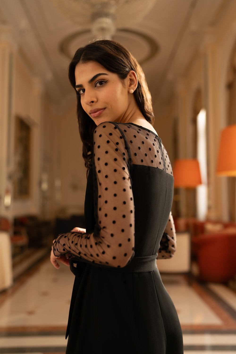 Black Spot Mesh Stretch Jumpsuit - Sizes 6 to 16