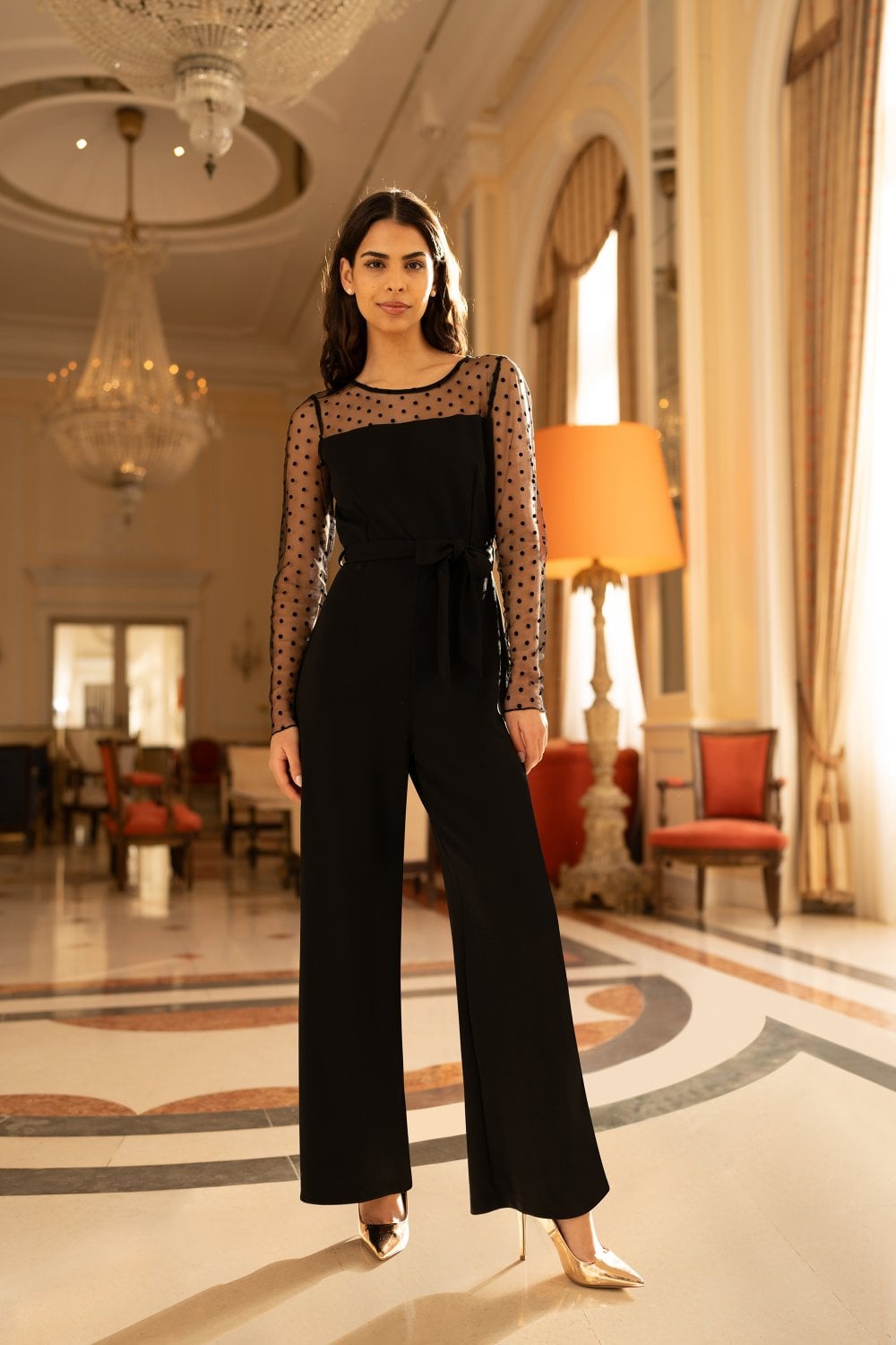 Black Spot Mesh Stretch Jumpsuit - Sizes 6 to 16