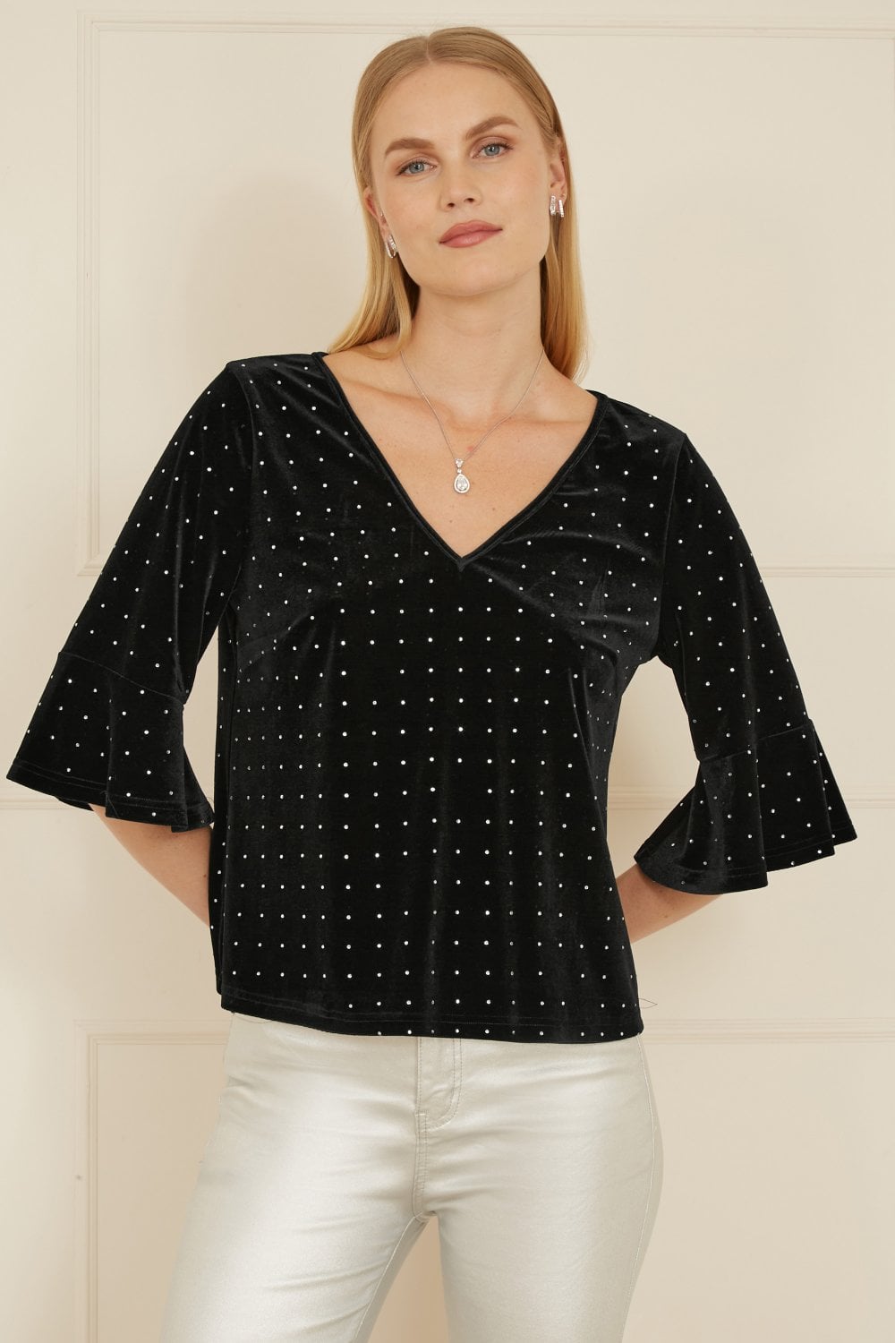 Black Stud Velvet Relaxed Fit Top With Fluted Sleeves - Sizes 8 to 24