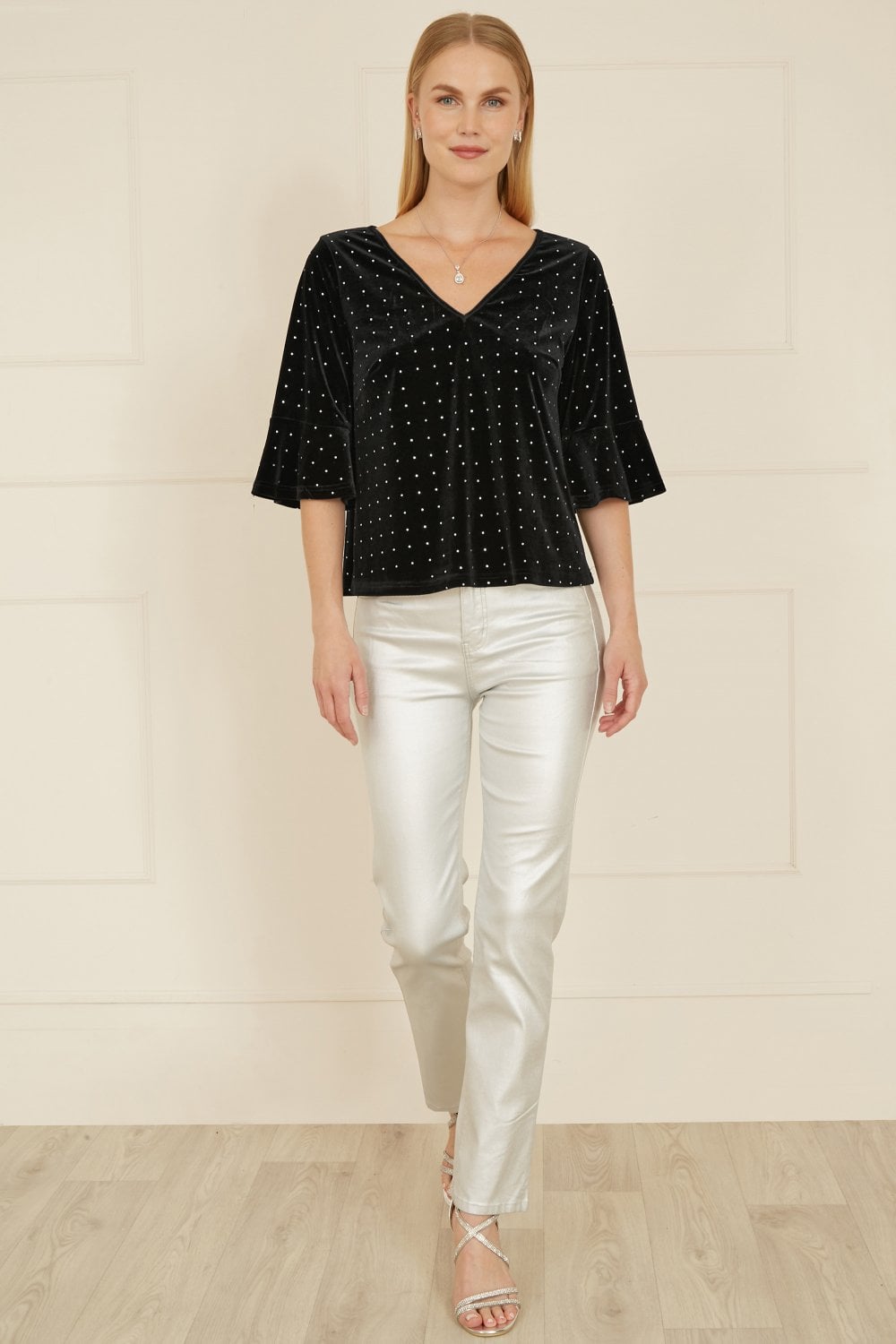 Black Stud Velvet Relaxed Fit Top With Fluted Sleeves - Sizes 8 to 24