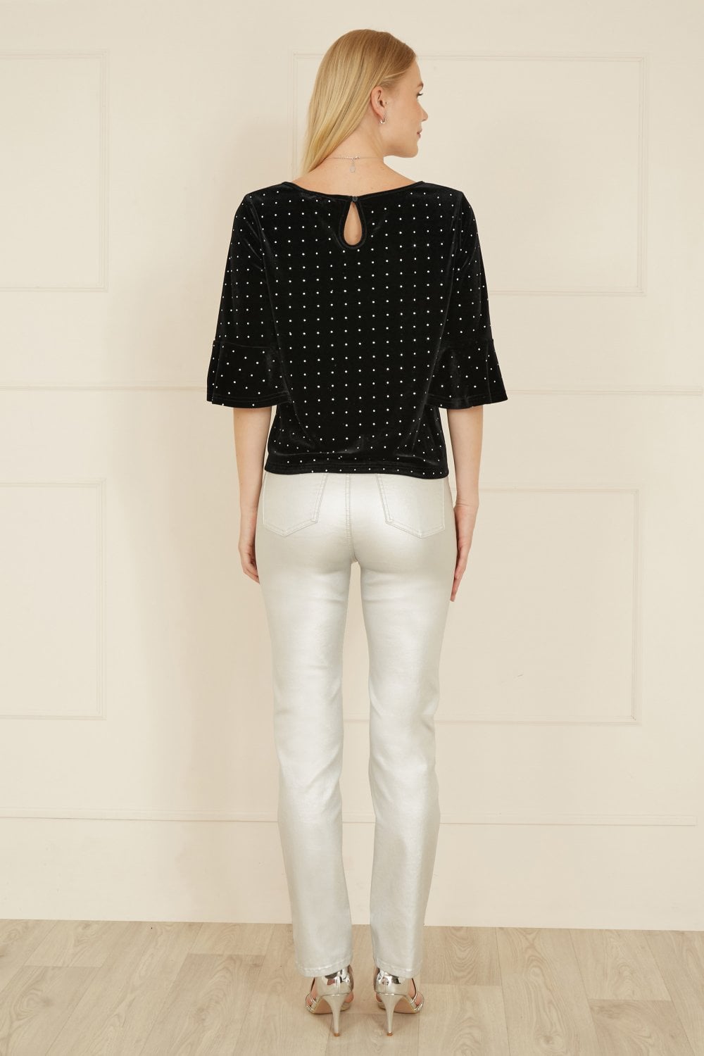 Black Stud Velvet Relaxed Fit Top With Fluted Sleeves - Sizes 8 to 24