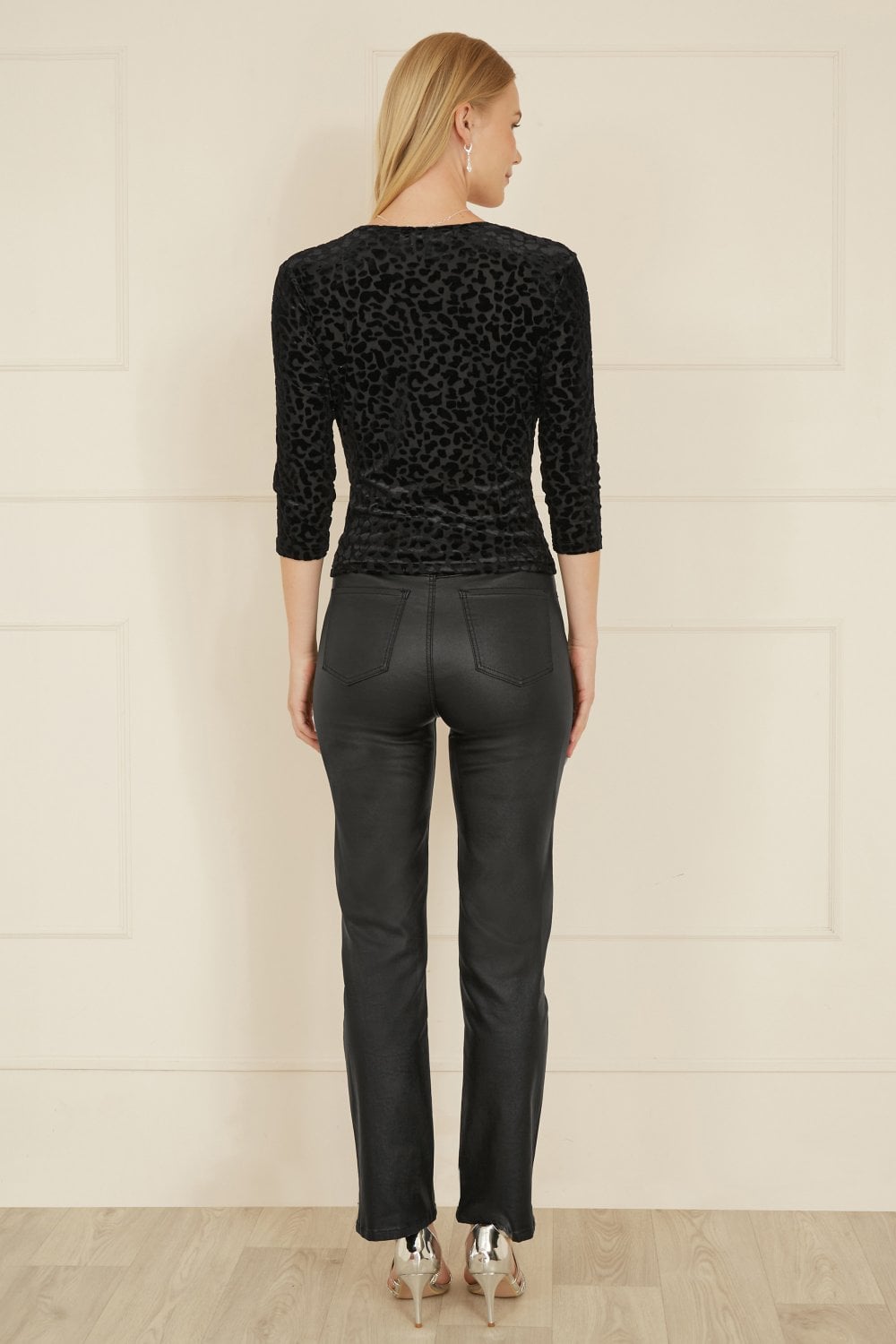 Black Velvet Leopard V Neck Top - Sizes 8 to 16