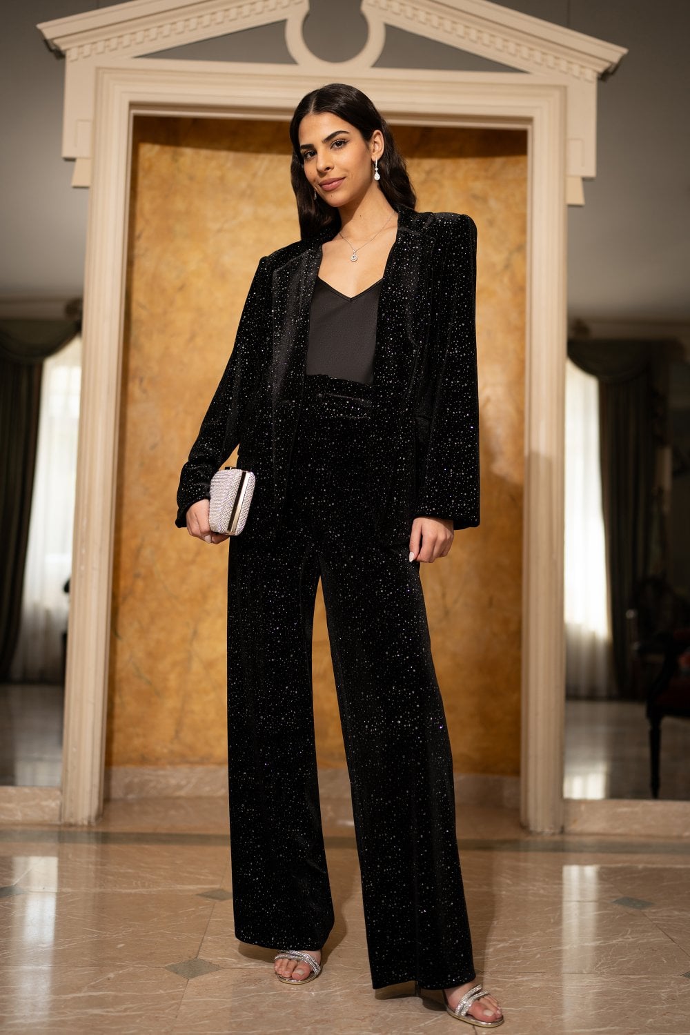 Black Velvet Sparkle Wide Leg Trousers - Sizes 8 to 16