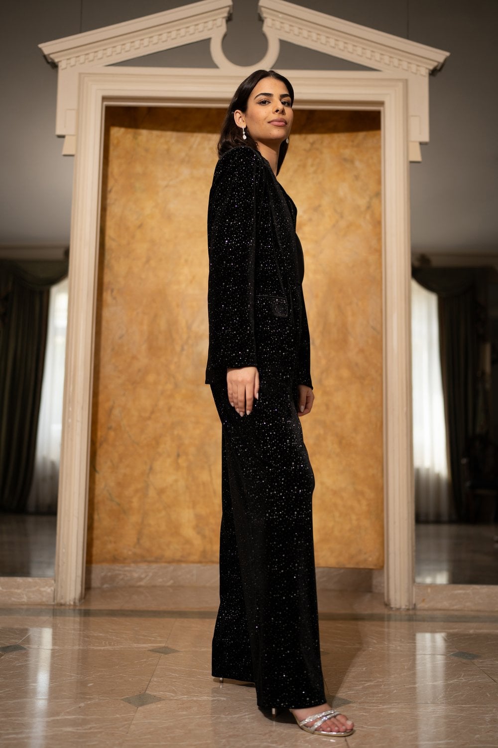 Black Velvet Sparkle Wide Leg Trousers - Sizes 8 to 16