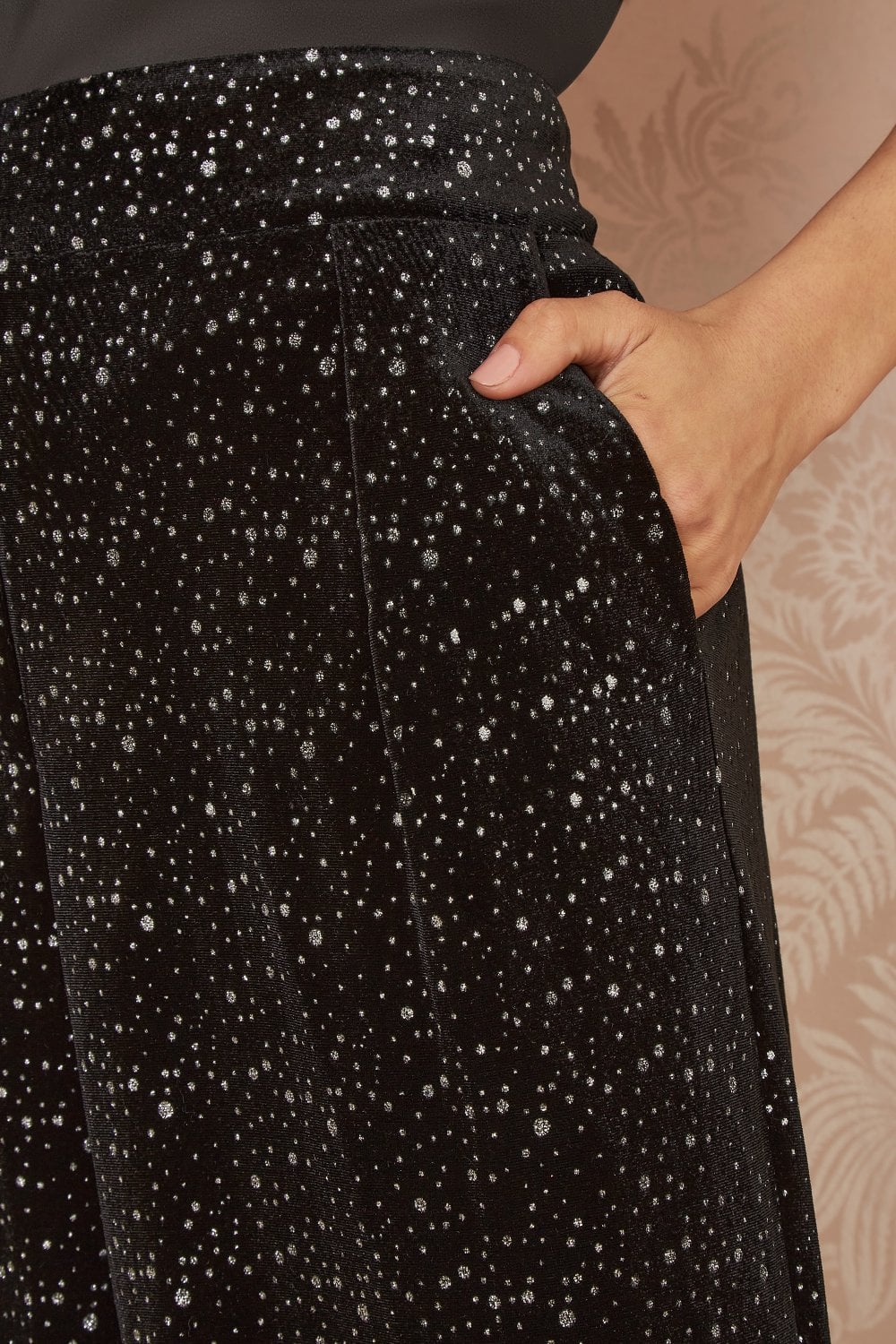 Black Velvet Sparkle Wide Leg Trousers - Sizes 8 to 16