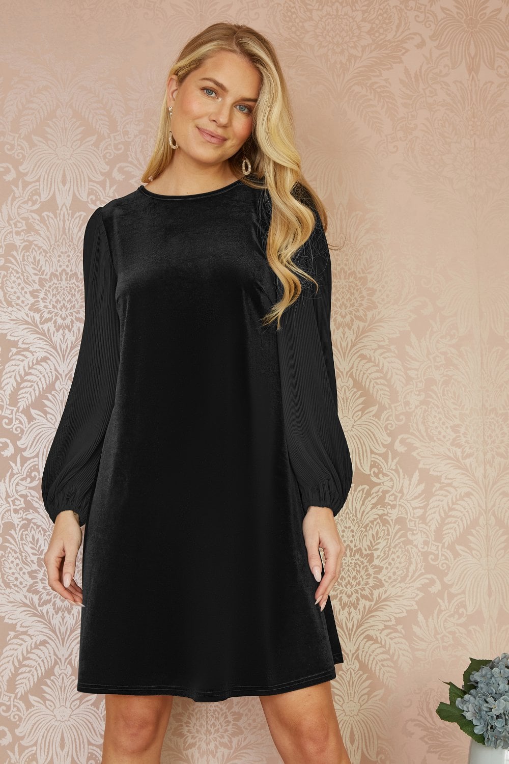 Black Velvet Dress with Pleated Balloon Sleeves And Tie Back - Sizes 8 to 26