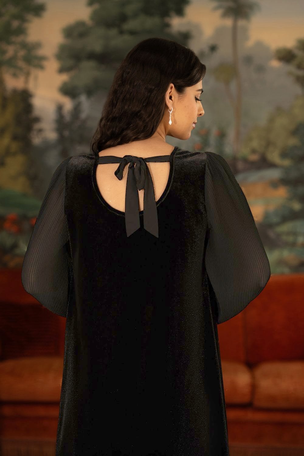 Black Velvet Dress with Pleated Balloon Sleeves And Tie Back - Sizes 8 to 26