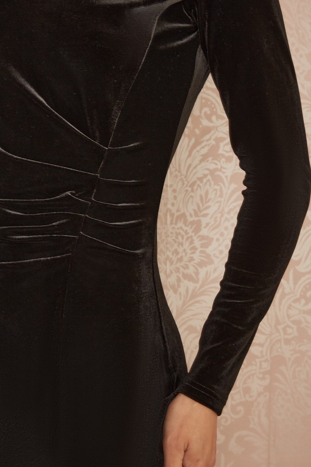 Black Velvet V Neck Fitted Ruched Midi Dress