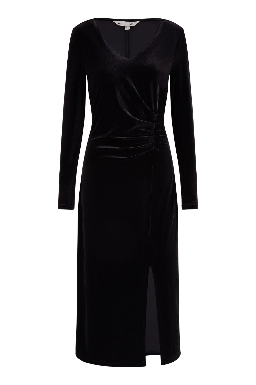 Black Velvet V Neck Fitted Ruched Midi Dress