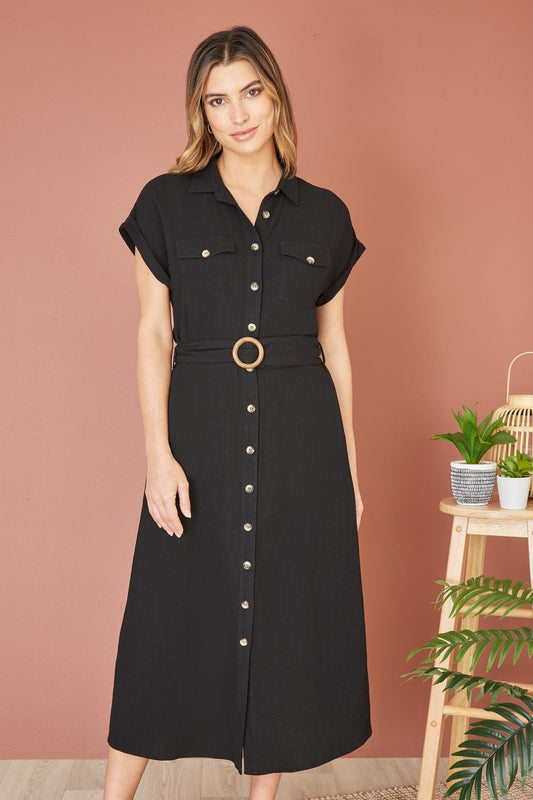 Black Linen Look Midi Shirt Dress With Wooden Belt