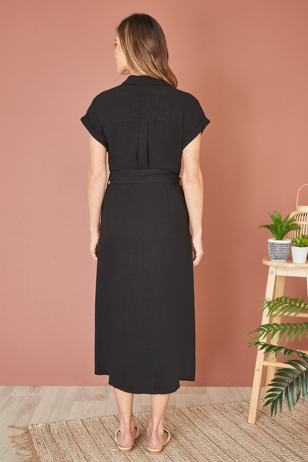 Black Linen Look Midi Shirt Dress With Wooden Belt