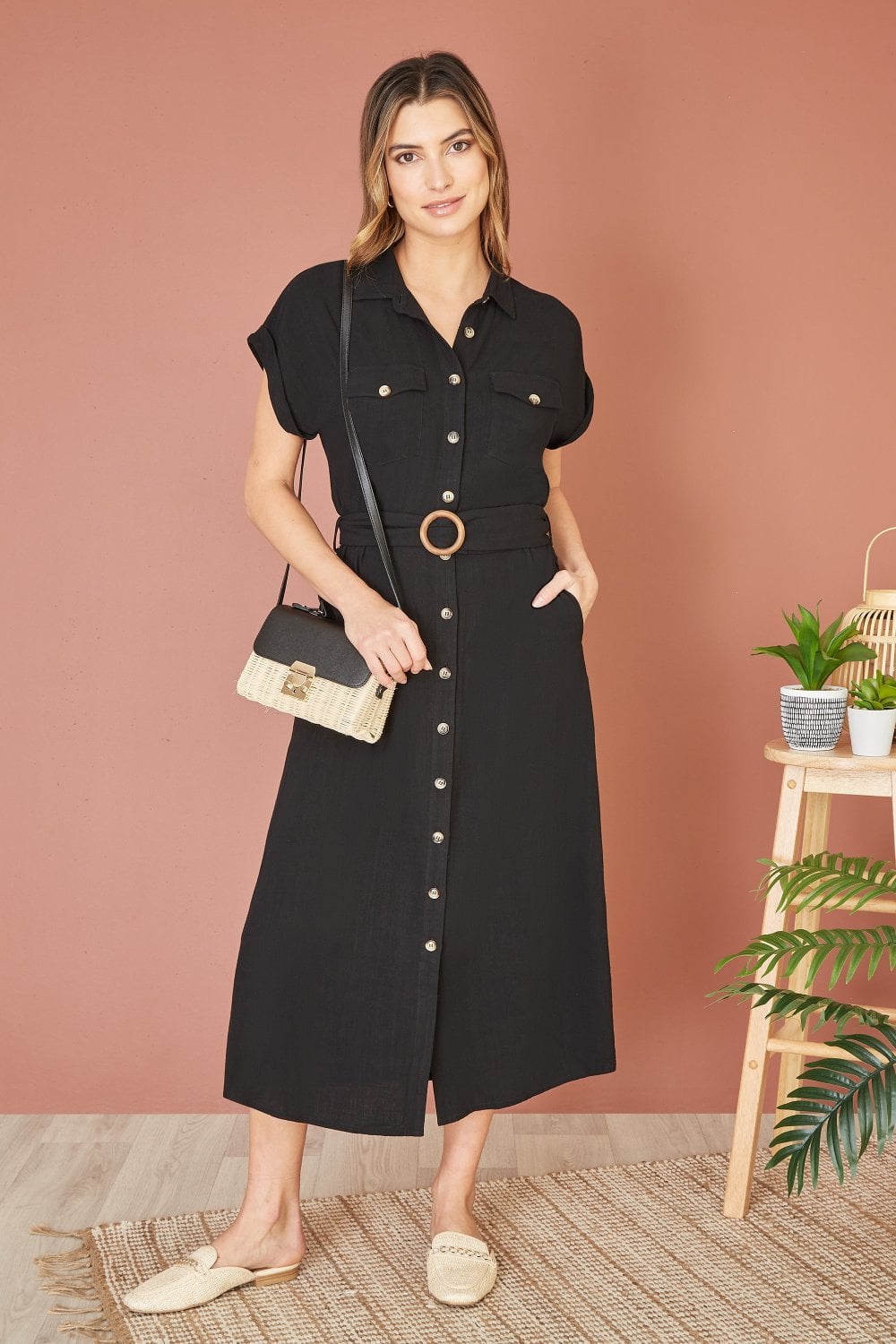 Black Linen Look Midi Shirt Dress With Wooden Belt