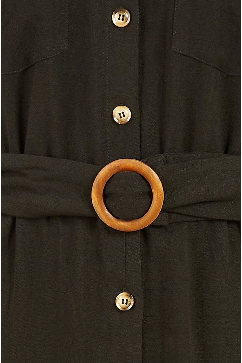 Black Linen Look Midi Shirt Dress With Wooden Belt