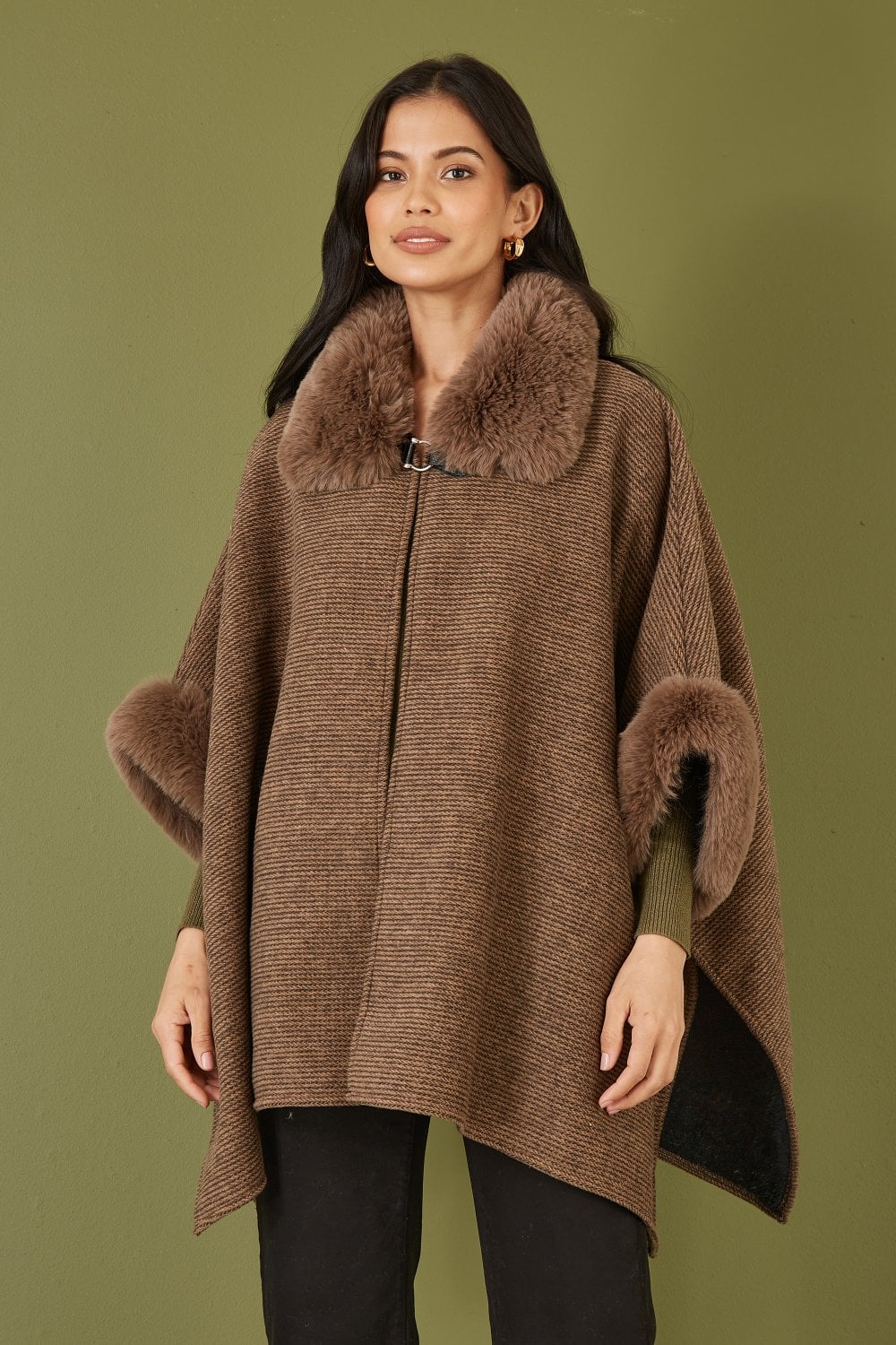Brown Cape With Luxe Fur Trim And Lining