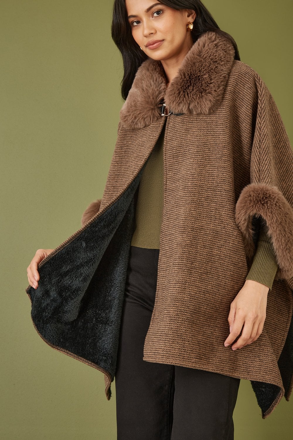 Brown Cape With Luxe Fur Trim And Lining