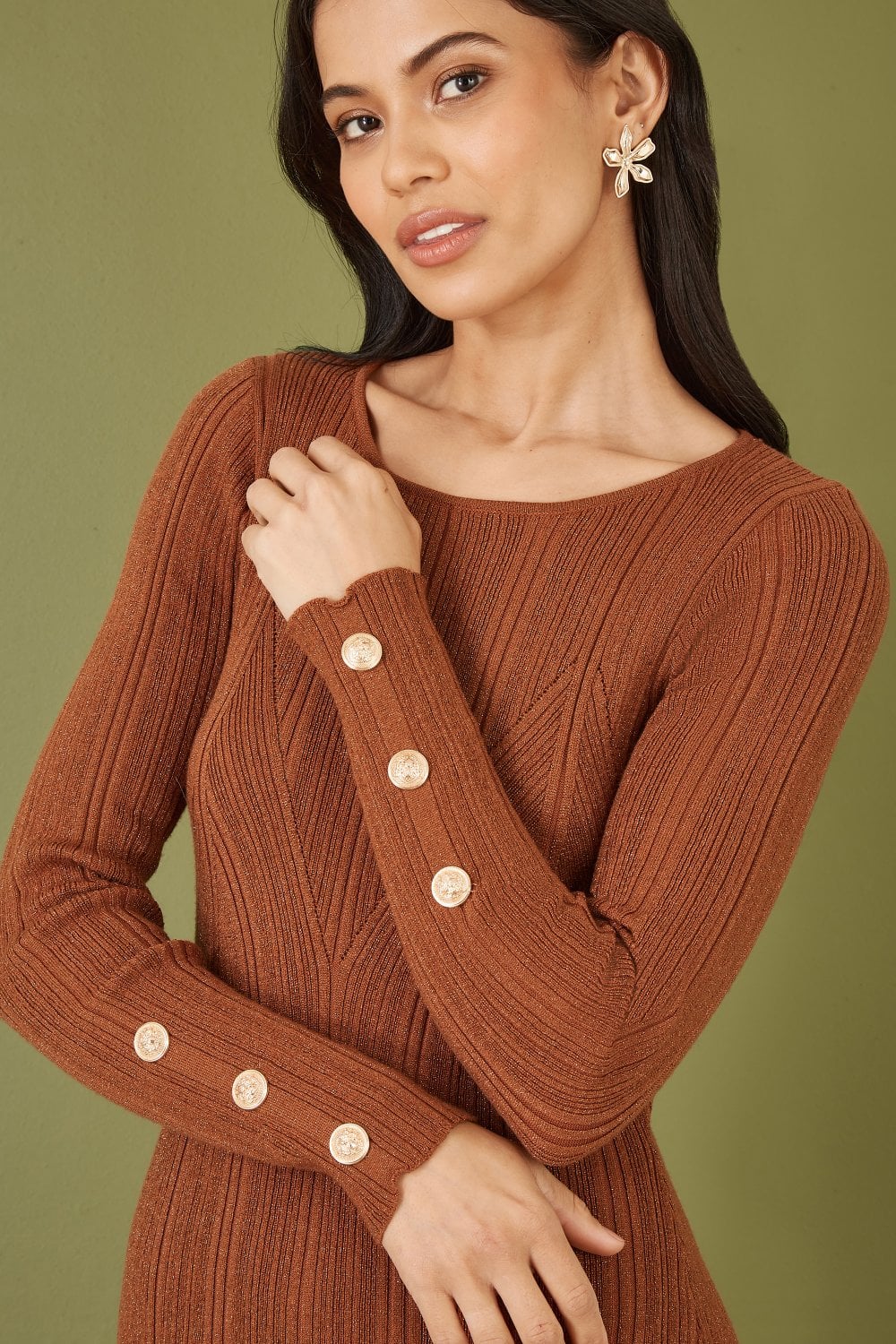 Brown Shimmer Fitted Midi Dress With Button Detail