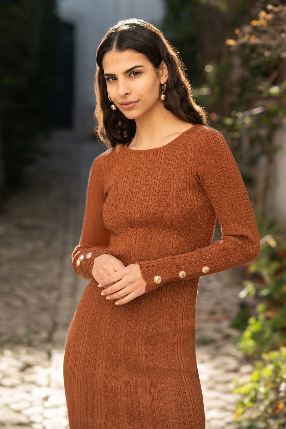 Brown Shimmer Fitted Midi Dress With Button Detail
