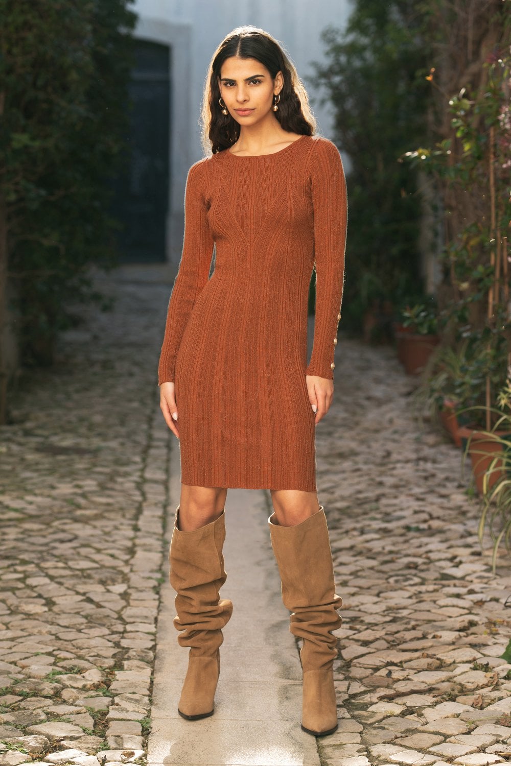 Brown Shimmer Fitted Midi Dress With Button Detail