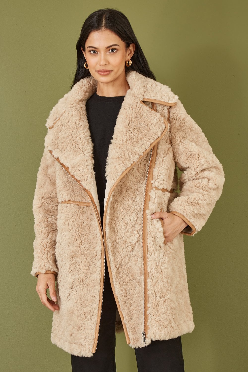 Beige Textured Side Zip Long Line Coat - Sizes 8 to 16