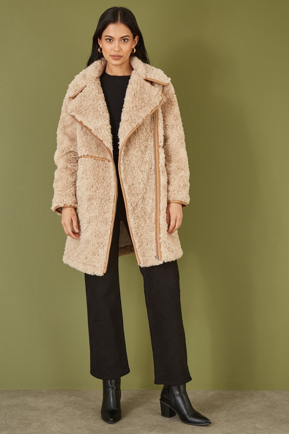 Beige Textured Side Zip Long Line Coat - Sizes 8 to 16