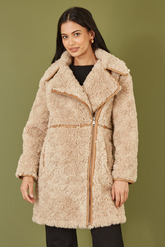 Beige Textured Side Zip Long Line Coat - Sizes 8 to 16