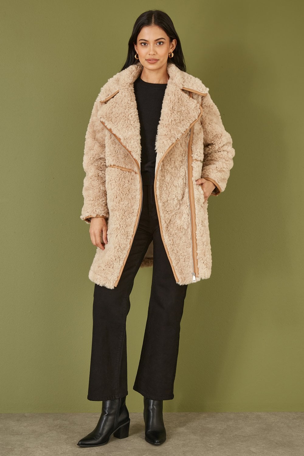 Beige Textured Side Zip Long Line Coat - Sizes 8 to 16