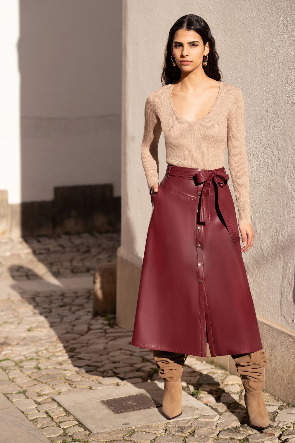 Burgundy Faux Leather A Line Midi Skirt With Button Up Details - Size 8 to 16