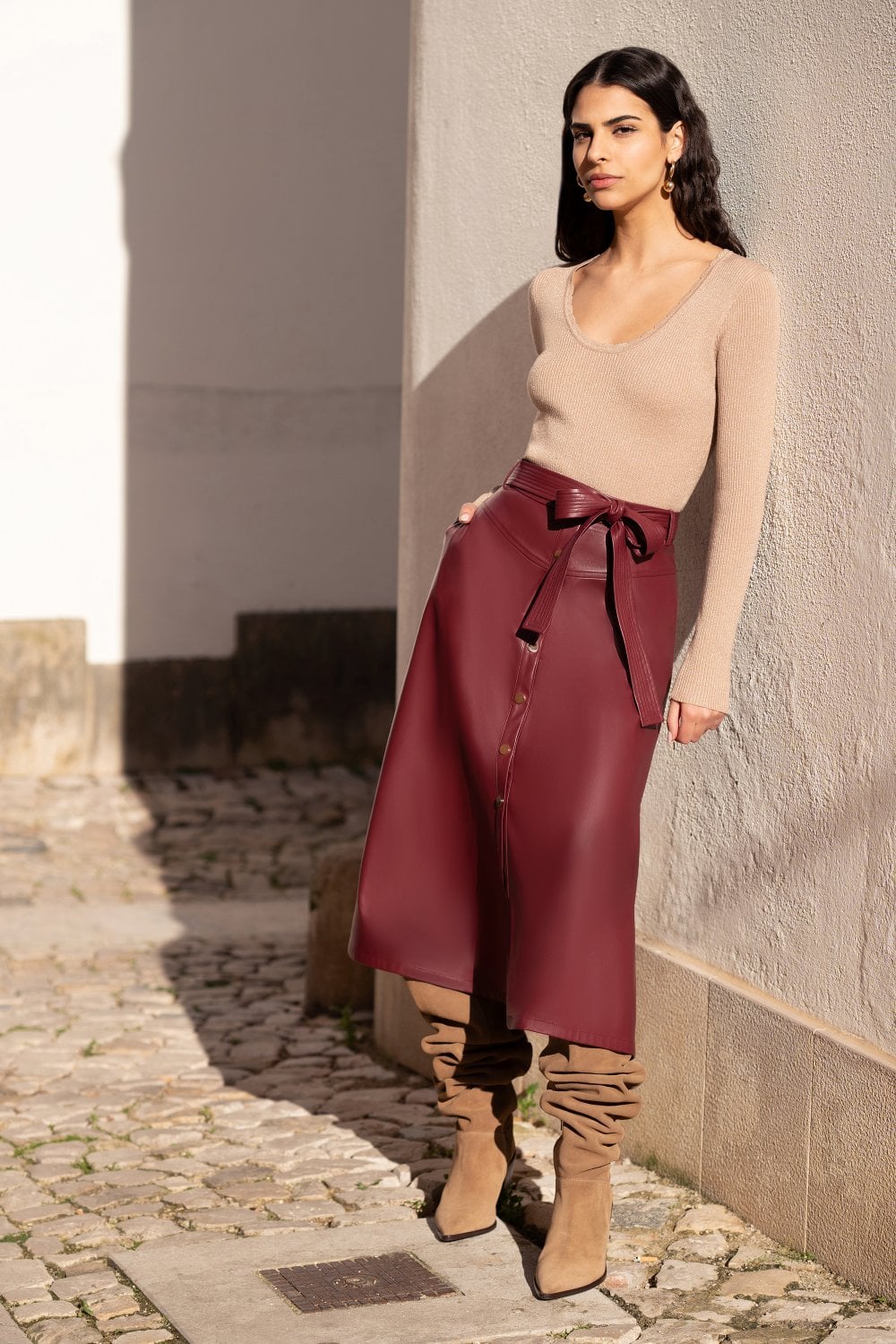 Burgundy Faux Leather A Line Midi Skirt With Button Up Details - Size 8 to 16