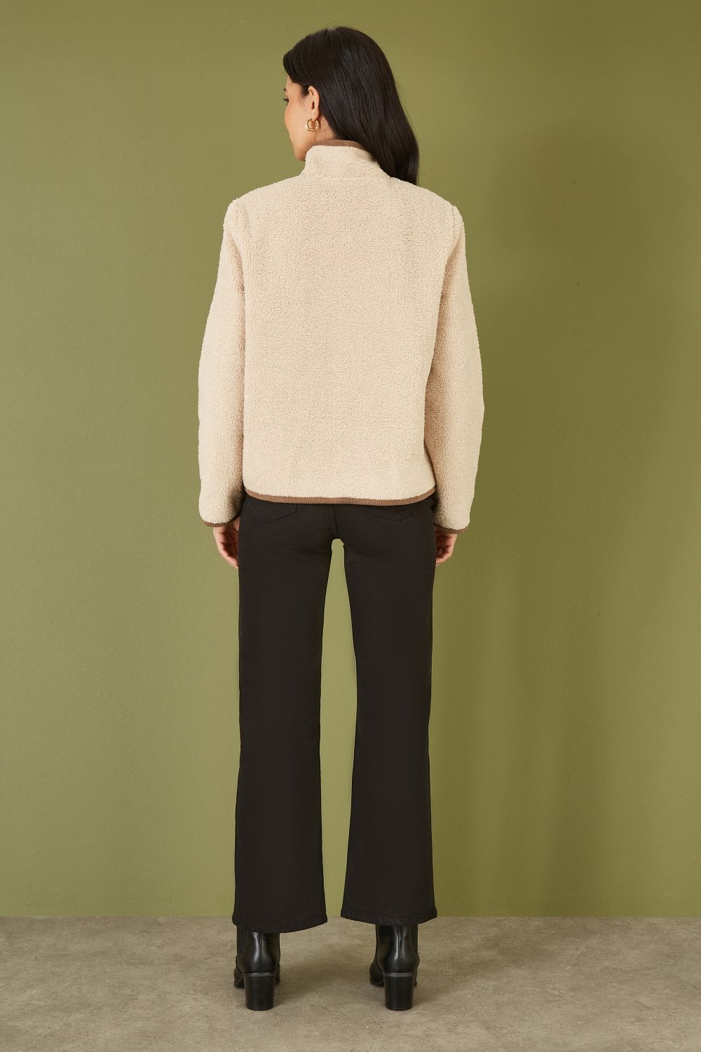 Cream Borg Jacket With Faux Leather Button Details - Size 8 to 16