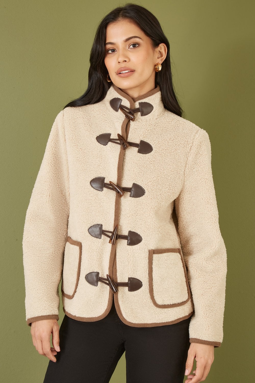 Cream Borg Jacket With Faux Leather Button Details - Size 8 to 16