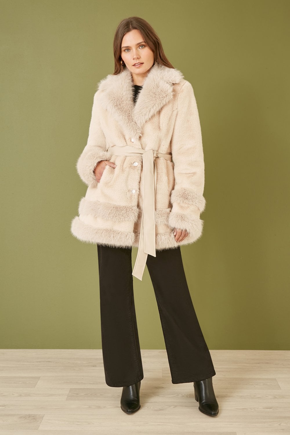 Cream Luxe Faux Fur Swing Coat With Tie Belt - Sizes 8 to 16