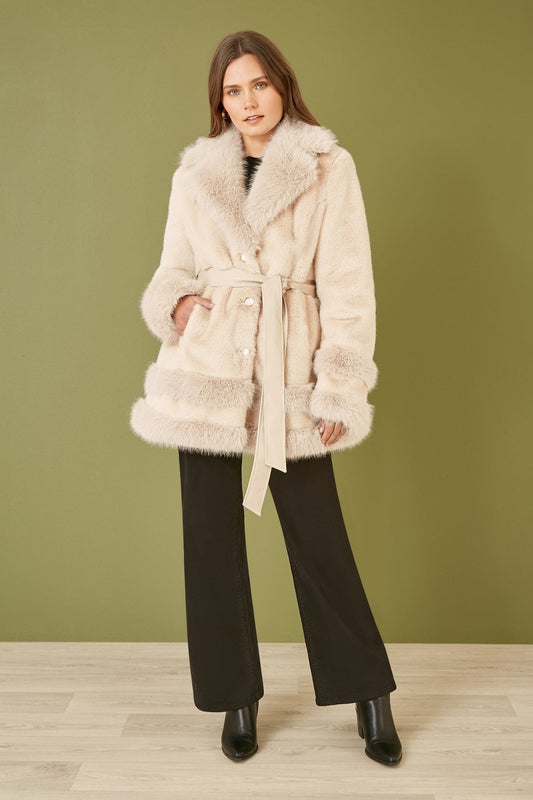 Cream Luxe Faux Fur Swing Coat With Tie Belt - Sizes 8 to 16