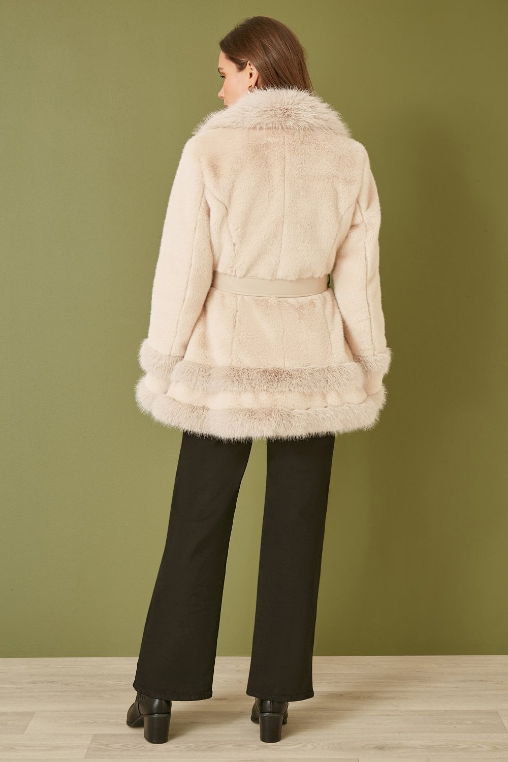 Cream Luxe Faux Fur Swing Coat With Tie Belt - Sizes 8 to 16