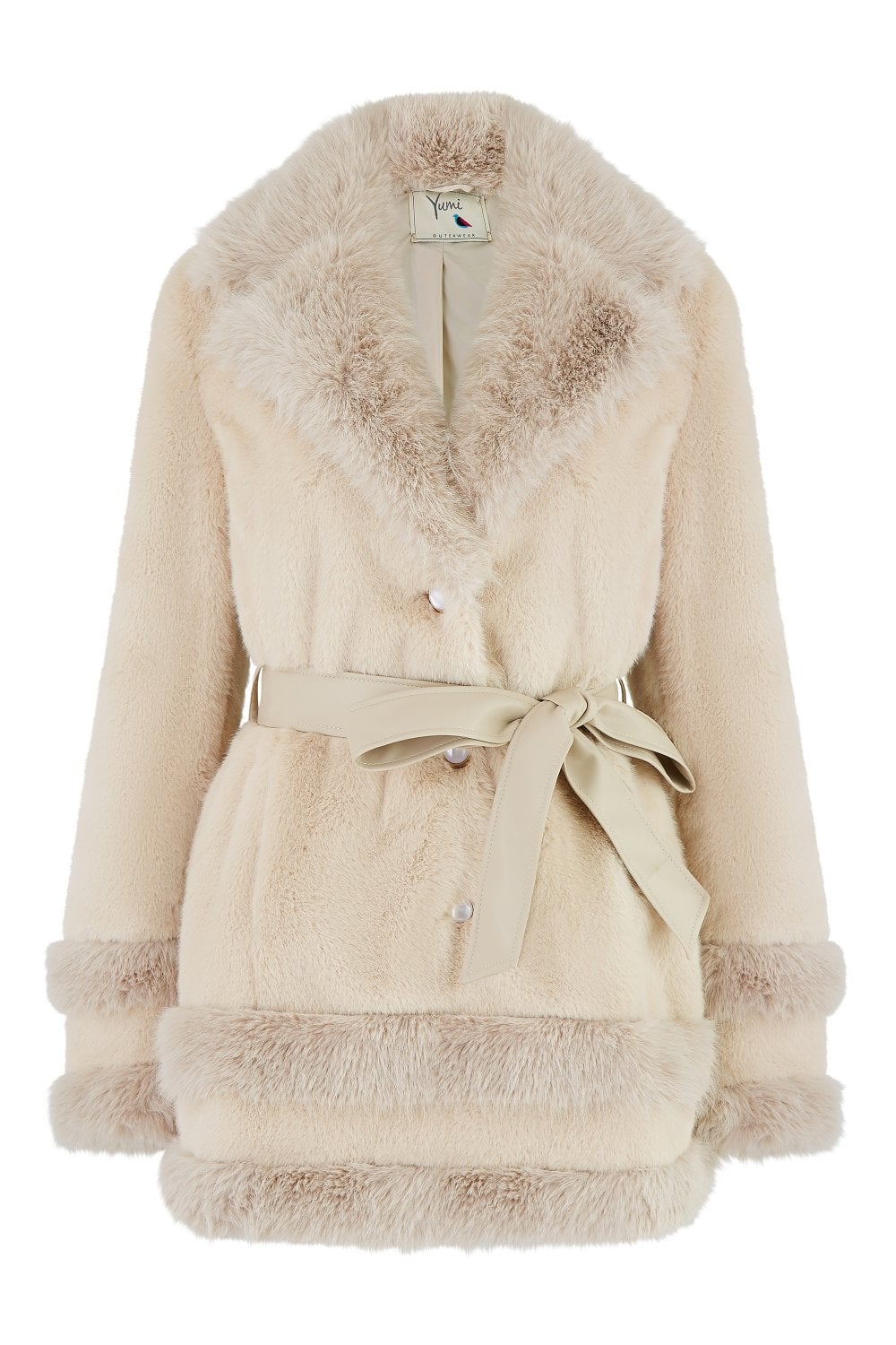 Cream Luxe Faux Fur Swing Coat With Tie Belt - Sizes 8 to 16