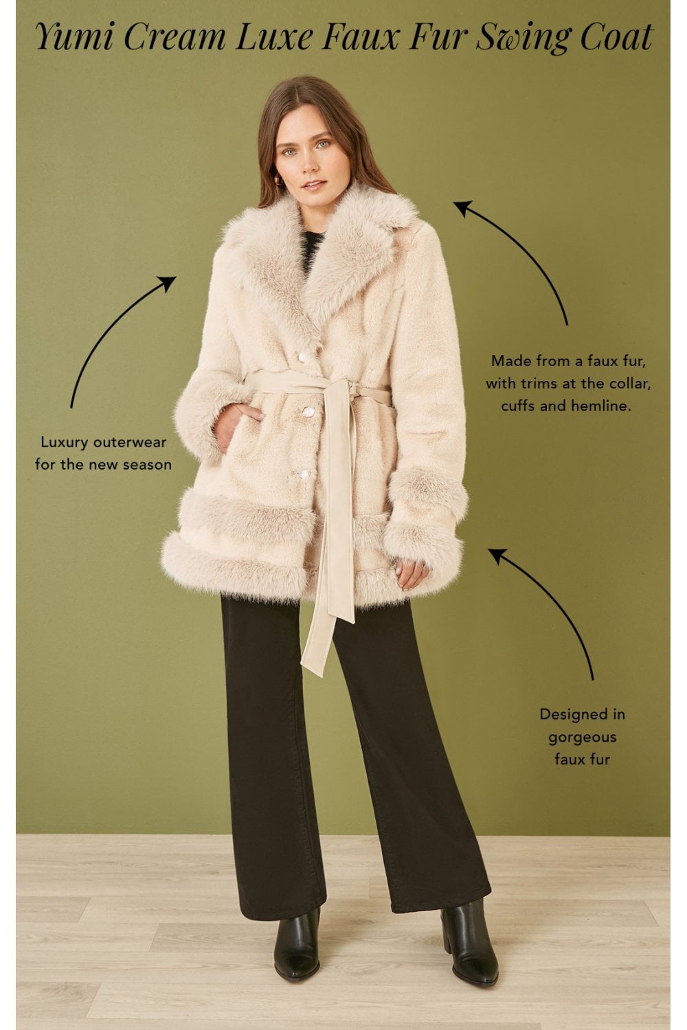 Cream Luxe Faux Fur Swing Coat With Tie Belt - Sizes 8 to 16