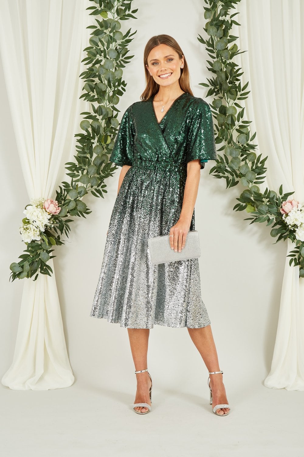 Green and Silver Ombre Sequin Midi Wrap Dress - Sizes 8 to 16